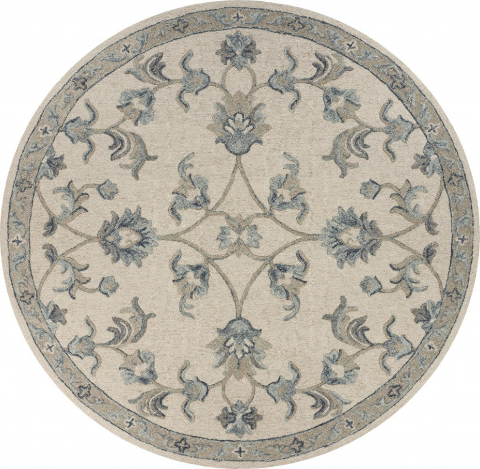 5" Round Beige and Blue Filigree Area Rug