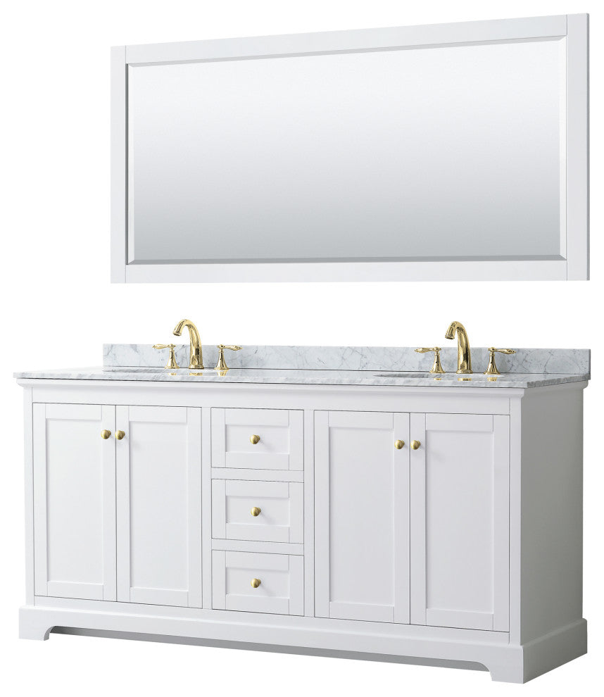72"DBL Bath Vanity White, Carrara Countertop, Sinks, 70" Mirror, Gold Trim