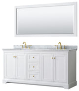 72"DBL Bath Vanity White, Carrara Countertop, Sinks, 70" Mirror, Gold Trim