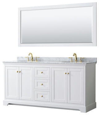 72"DBL Bath Vanity White, Carrara Countertop, Sinks, 70" Mirror, Gold Trim