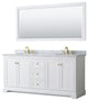 72"DBL Bath Vanity White, Carrara Countertop, Sinks, 70" Mirror, Gold Trim