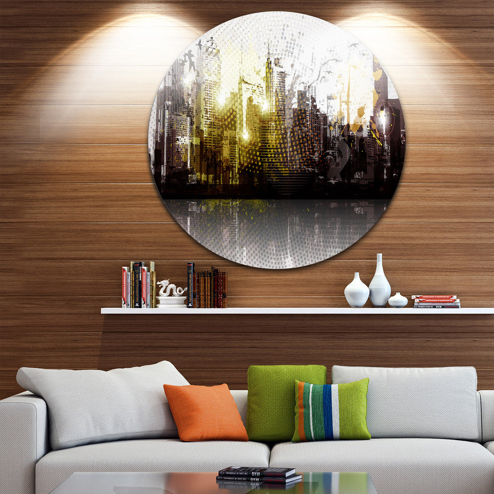 Grunge City Panorama, Cityscape Disc Metal Artwork, 11"