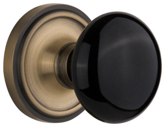 Classic Rosette Privacy Black Porcelain Knob, Antique Brass