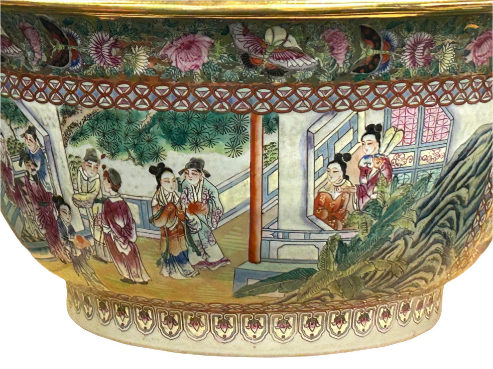 Vintage Chinese Famille Rose People House Graphic Porcelain Bowl Pot Hws4349