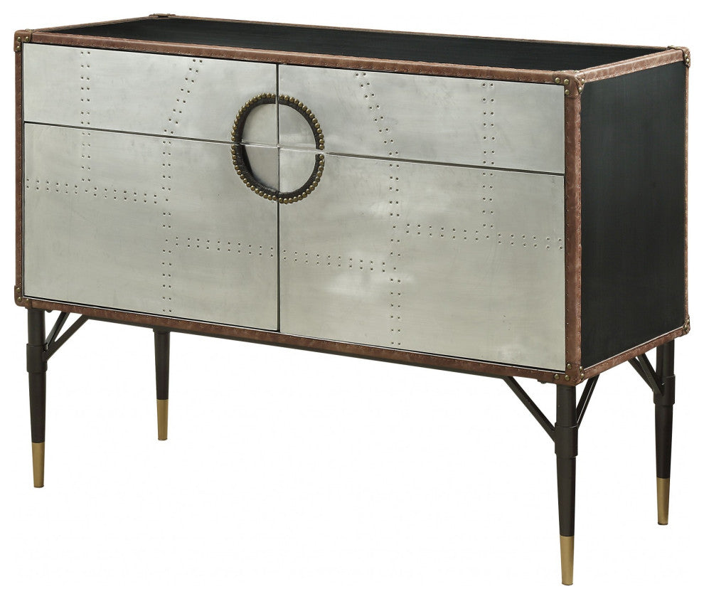 52" X 21" X 40" Brown Top Grain Leather And Aluminum Console Table