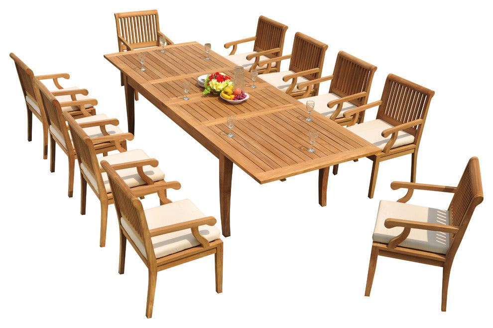 11-Piece Patio Teak Dining Set: 122" X-Large Rectangle Table, 10 Sack Arm Chairs