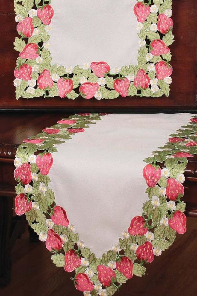 Strawberry Patch Embroidered Cutwork 15"x54" Table Runner