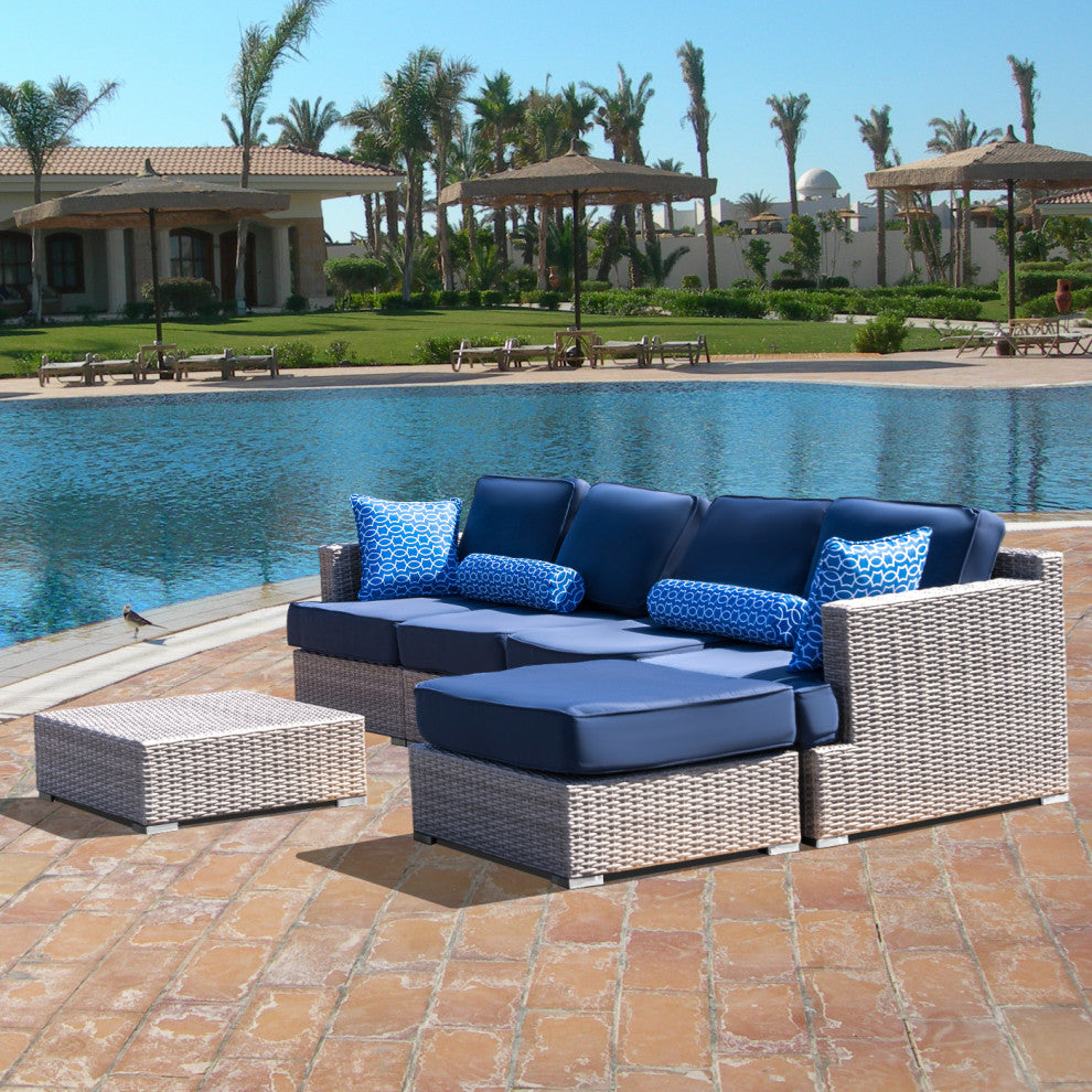 Polyethylene (PE) Wicker 6 Piece Patio Furniture Set, Fully Assembled, Navy Blue