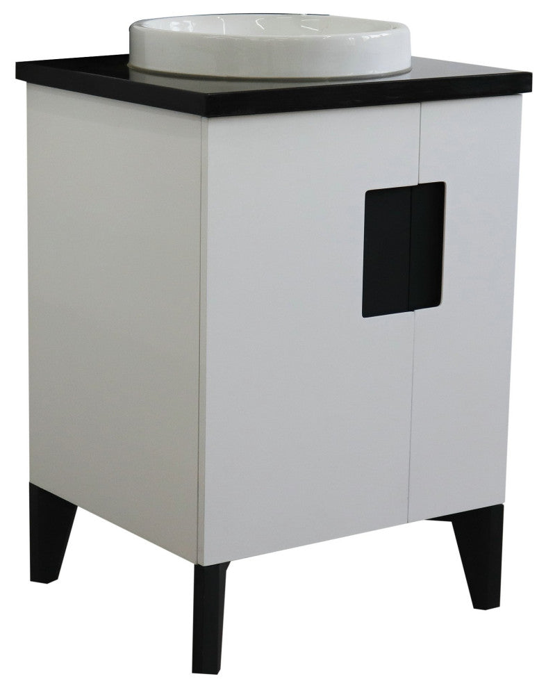 25" Single Sink Vanity, White Finish With Black Galaxy Granite And Round Sink