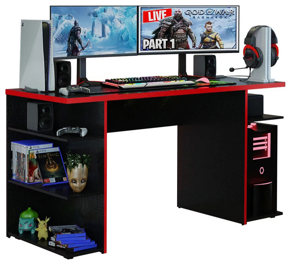 Modern Desk, Wooden Construction With Multiple Open Shelves & Large Top, Red