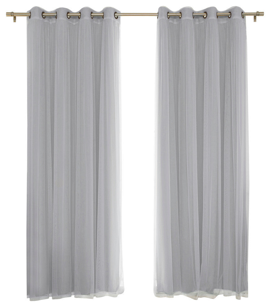 Gathered Tulle Sheer and Blackout 4-Piece Curtain Set, Gray, 84"