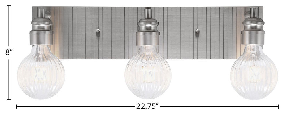 Edge 3-Light Bath Bar, Brushed Nickel Finish, Ribbed Clear LED Bulbs