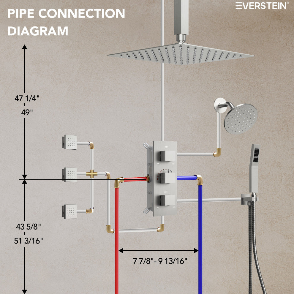 Thermostatic Dual Heads 12" Rainfall Shower System With 3 Body Jets, Brushed Nickel