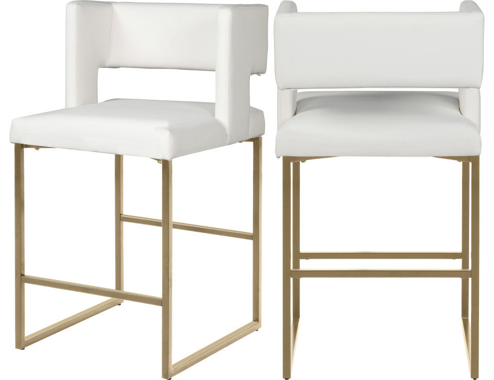 Caleb Upholstered Counter Stool, Set of 2, White, Vegan Leather, Brushed Gold