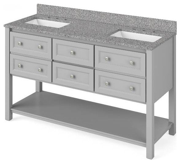 Adler Transitional 60" Grey Double Sink Vanity, Boulder Cultured Marble Vanity T