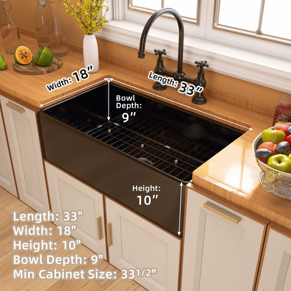 Black Fireclay 33 Inch Single Bowl Farmhouse Apron Front Kitchen Sink