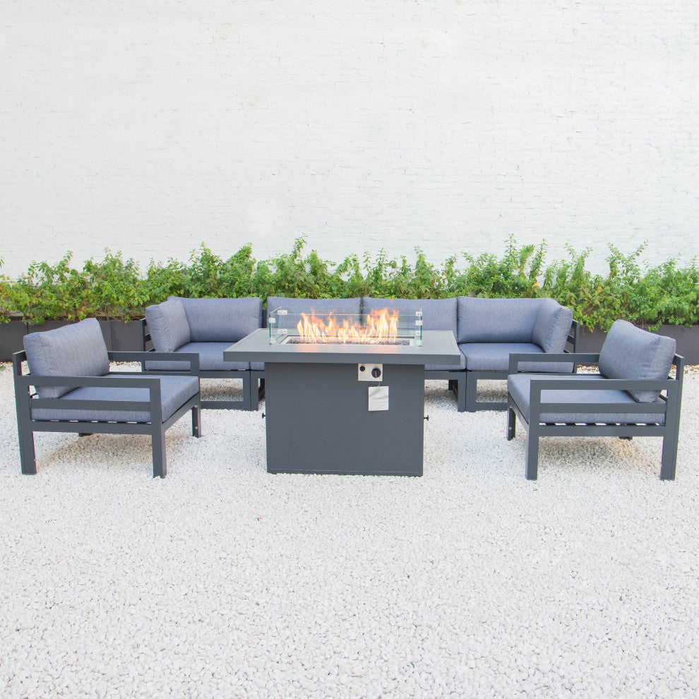 LeisureMod Chelsea 7-Piece Outdoor Sectional With Fire Pit Table, Blue