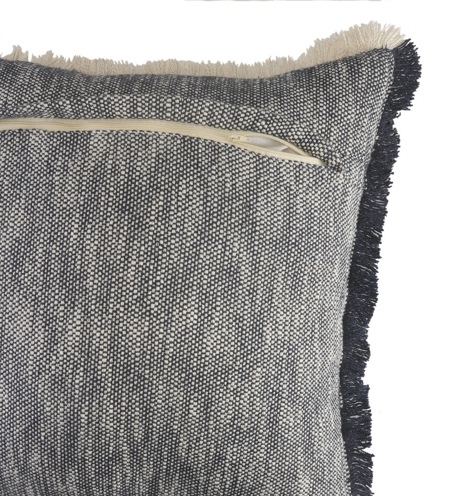 Two-Tone Cotton Throw Pillow with Fringe, Dark Blue, 20" X 20"