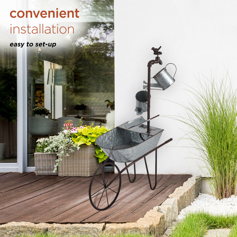 Metal Watering Can Wheelbarrow Fountain