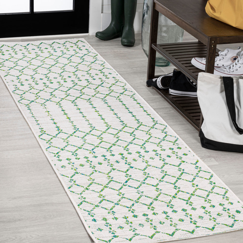 Ourika Moroccan Geometric Indoor/Outdoor Rug, Green/Ivory, 2x8