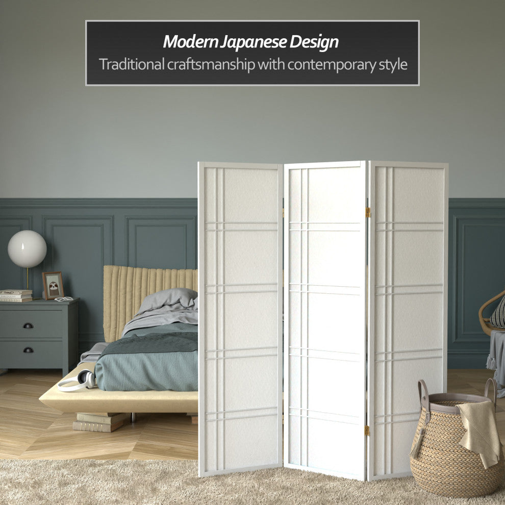 5' Tall Double Cross Shoji Screen, White, 3 Panels