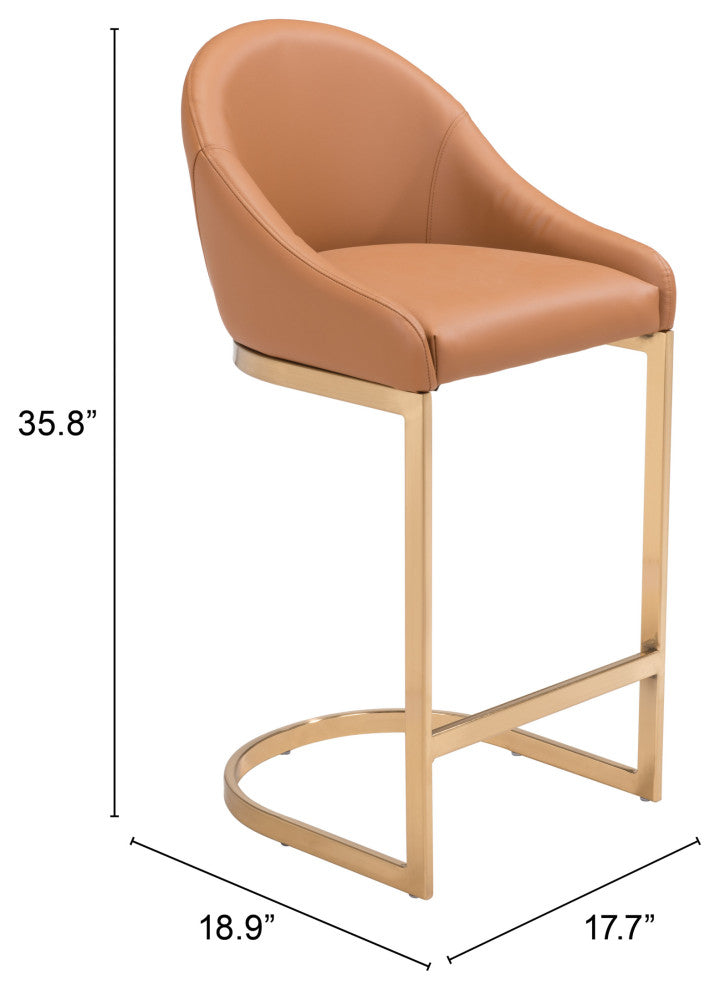 Counter Stool Chair, Faux Vinyl Leather, Steel, Tan, Gold, Kitchen Cafe Bistro