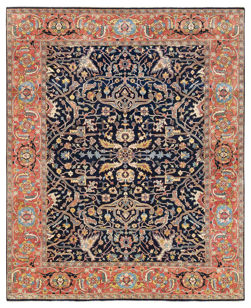 Midnight Blue Antiqued Heriz Soft Wool Hand Knotted Oriental Rug, 8'1"x10'1"