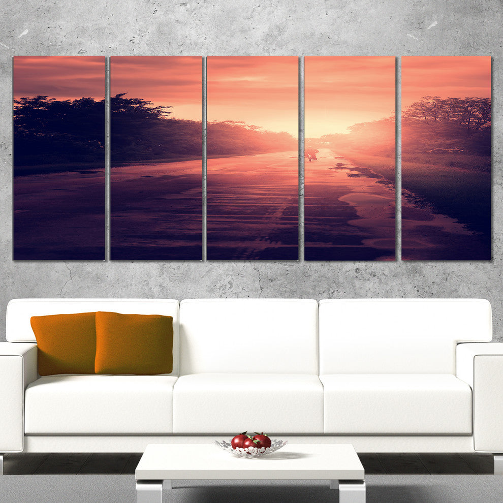 Vintage Biker at Sunset, Modern Landscape Wall Art Canvas, 60"x28", 5 Panels