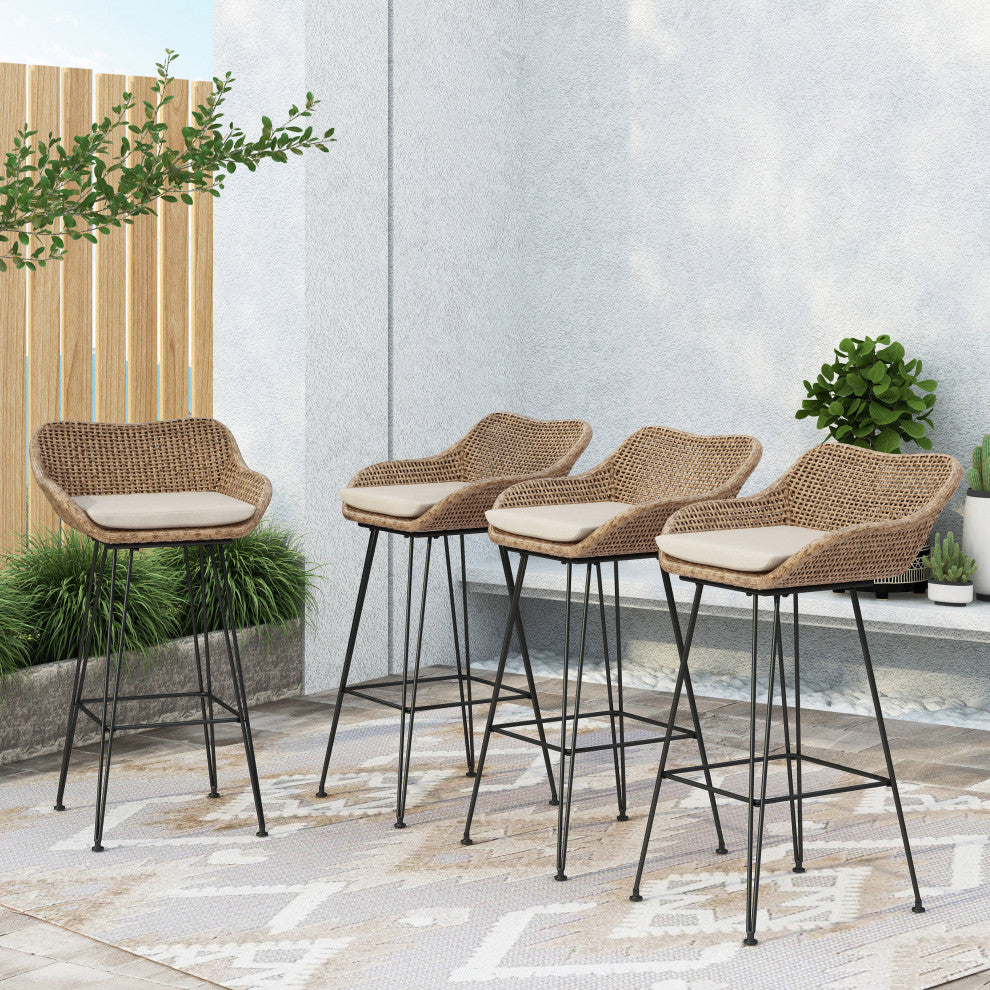 Pondway Outdoor Wicker/Iron Barstools, Set of 4, Beige/Light Brown/Black