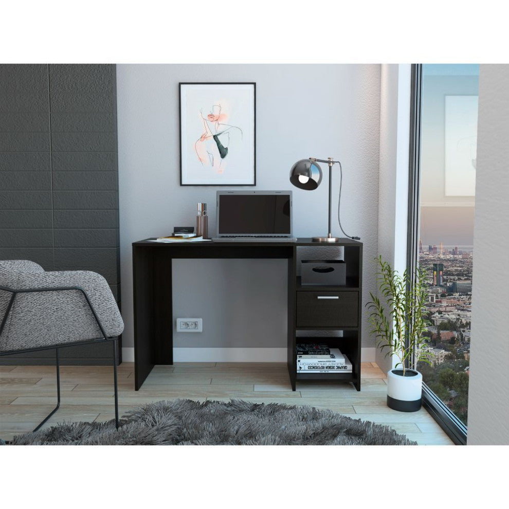 Naxos Computer Desk with Drawer, 2 Open Storage Shelves, and Legs, Smokey Oak