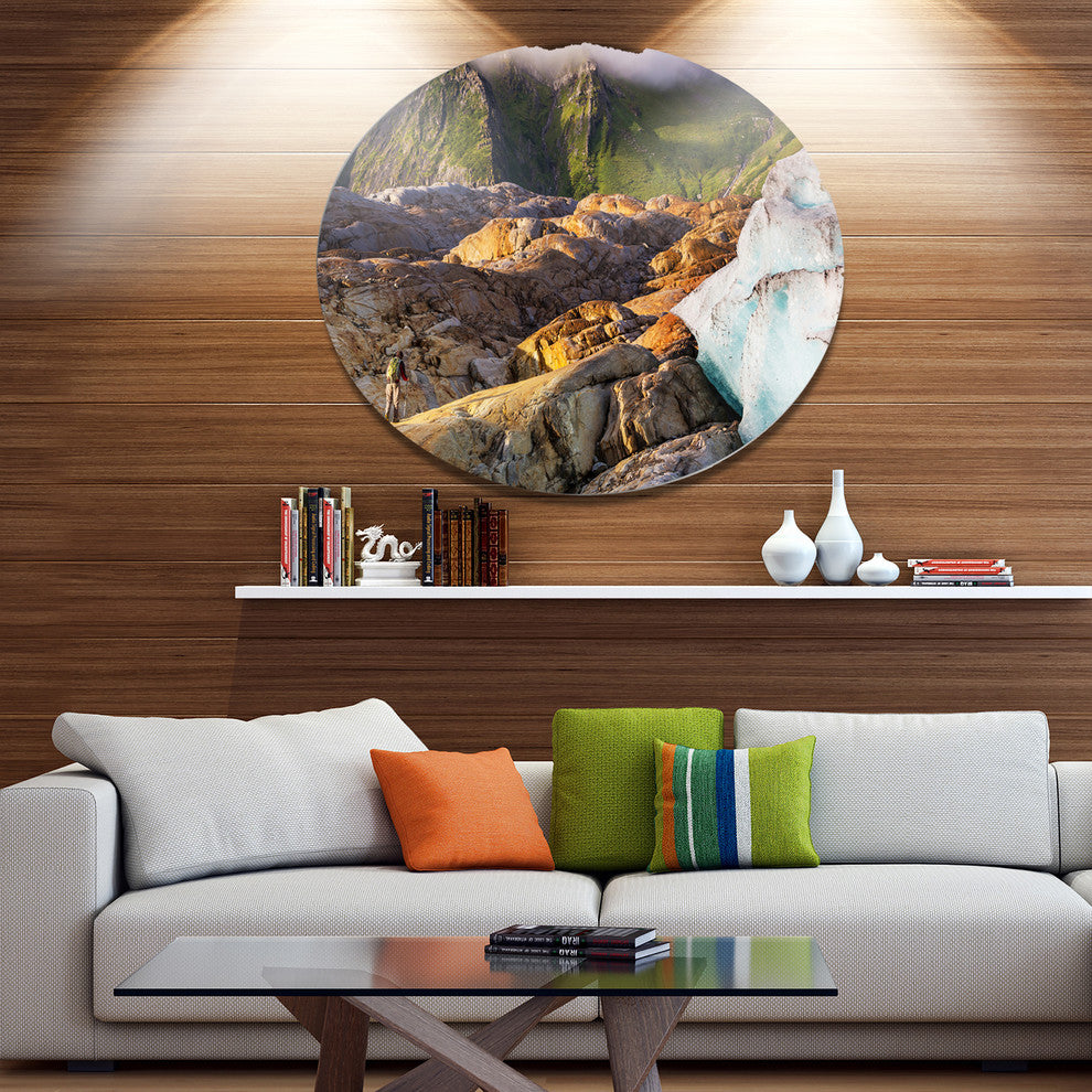 Hike In Norway Mountains, Landscape Disc Metal Artwork, 11"