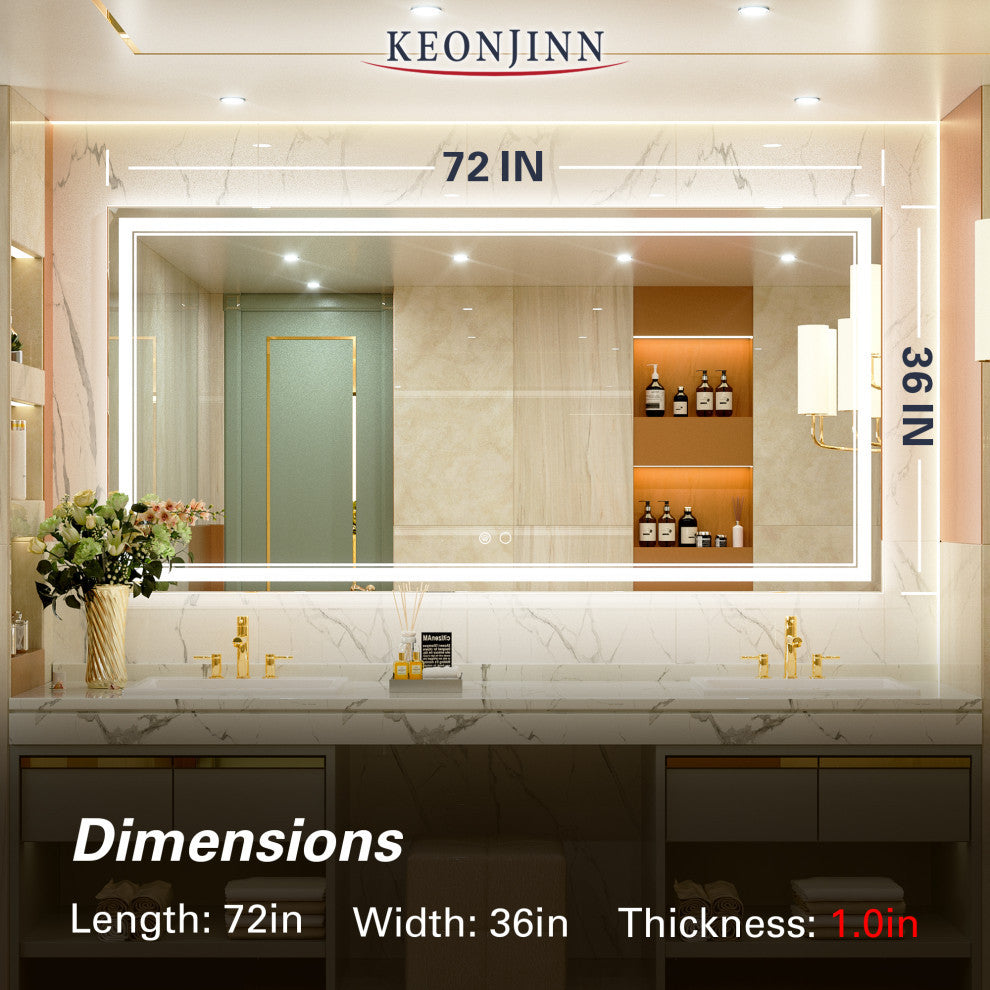 3-Colors LED Bathroom Mirror, Anti-Fog Memory Dimmable, Sliver, 72"x36"