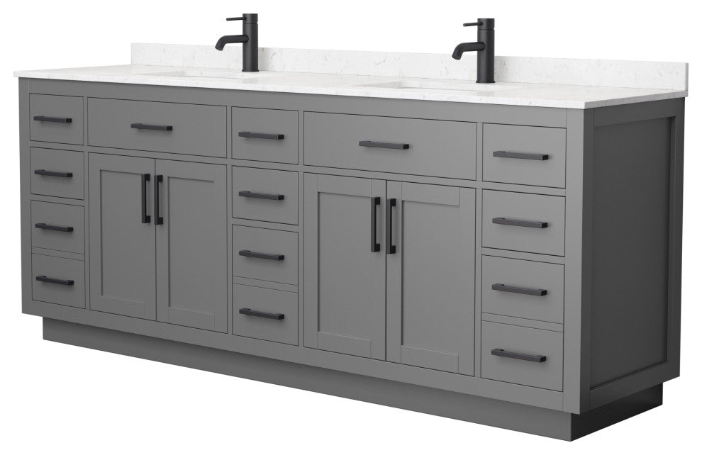 Beckett TK 84" Dark Gray Double Vanity, Cultured Top, Black Trim