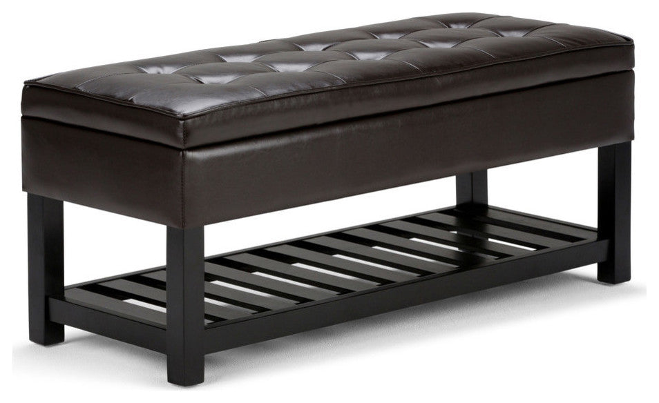 Cosmopolitan Storage Ottoman Bench With Open Bottom, Tanners Brown Faux Leather