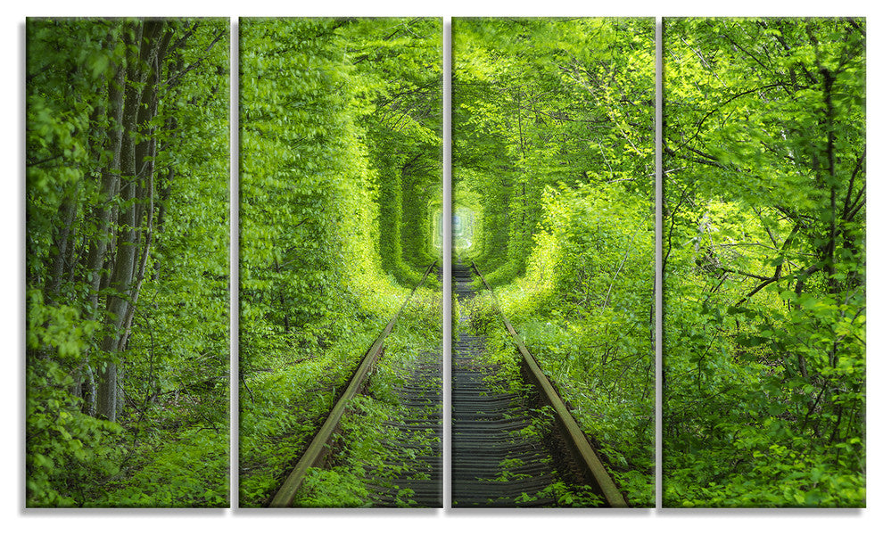 Forest around Rail Way Tunnel, Landscape Canvas Art Print, 48"x28", 4 Panels