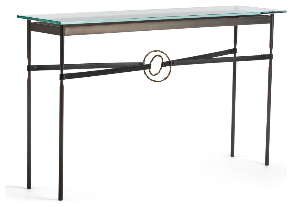 Equus Console Table, Dark Smoke Finish - Bronze Accents - Black Leather Strap