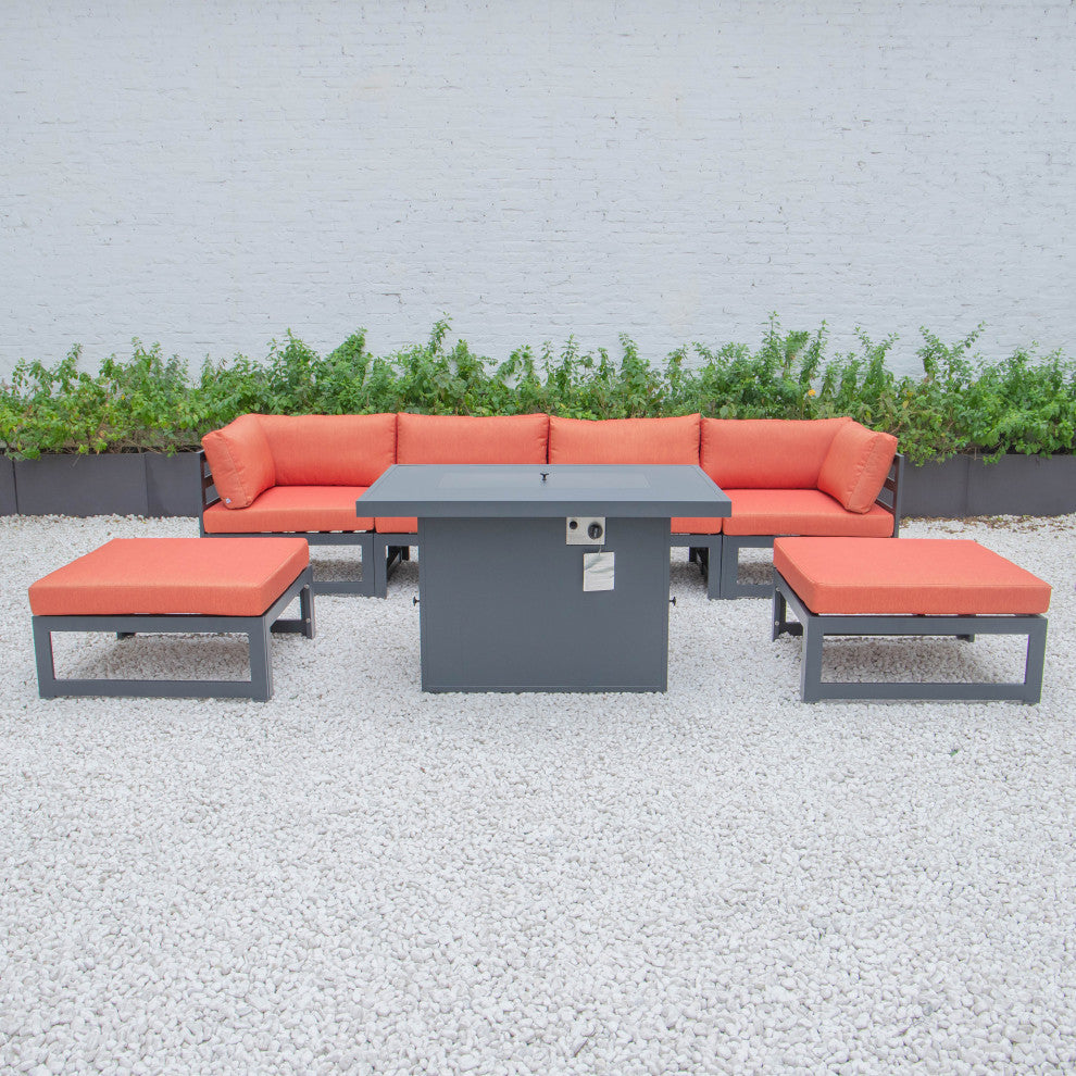 LeisureMod Chelsea 7-Piece Outdoor Sectional With Fire Pit Table, Orange