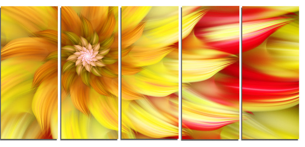 Rotating Yellow Red Fractal Flower, Floral Canvas Art Print, 60"x28", 5 Panels