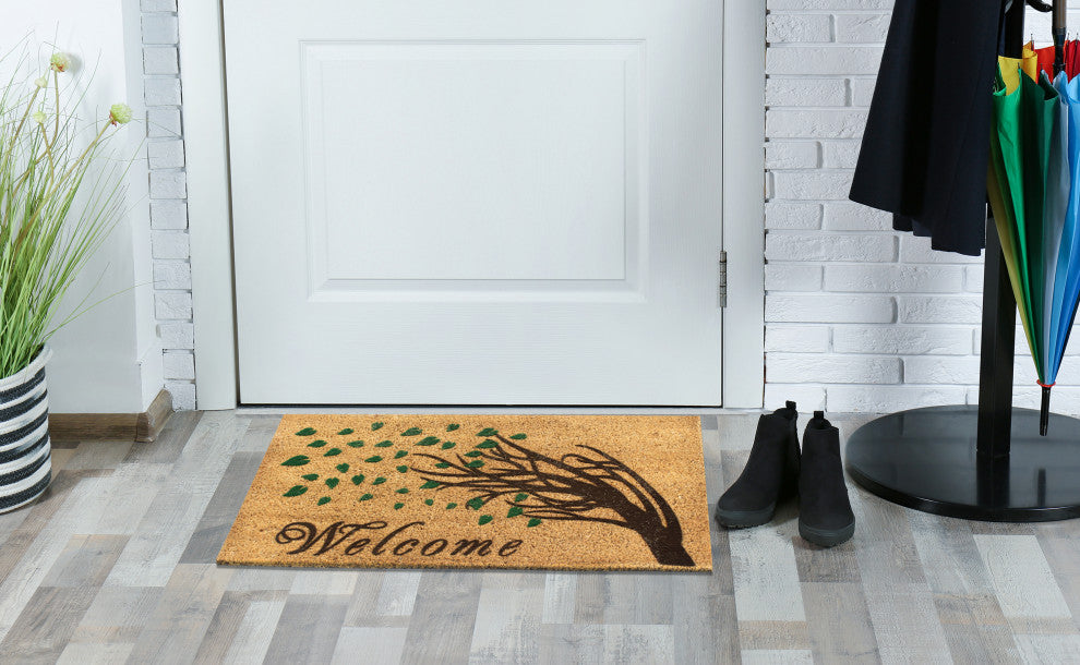 A1HC Floral Natural Coir Front Door, Anti-Shed Treated Durable Doormat 18"X30"