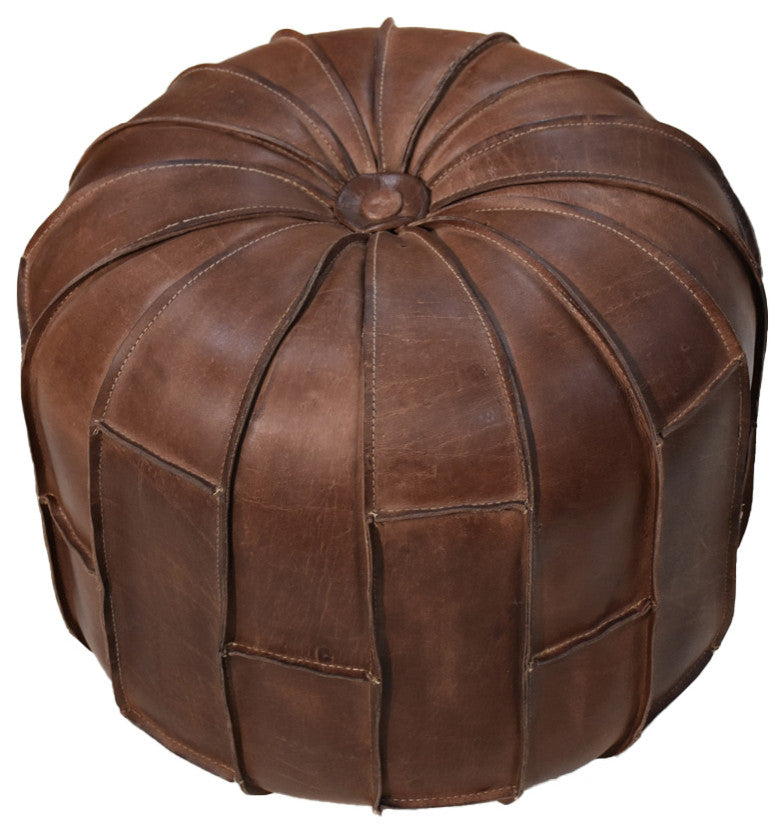 Solid Handmade Leather Pouf Brown, 16x16x16