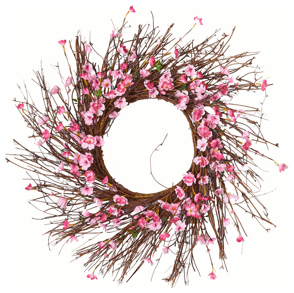 Cherry Blossom Wreath On Natural Twig Base, 22"