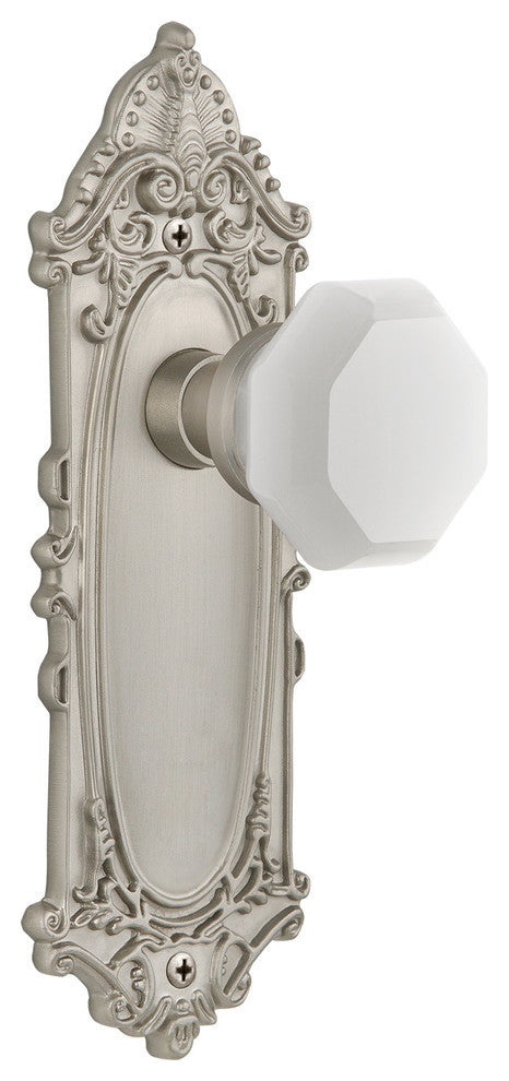 Victorian Plate Privacy Waldorf White Milk Glass Knob, Satin Nickel