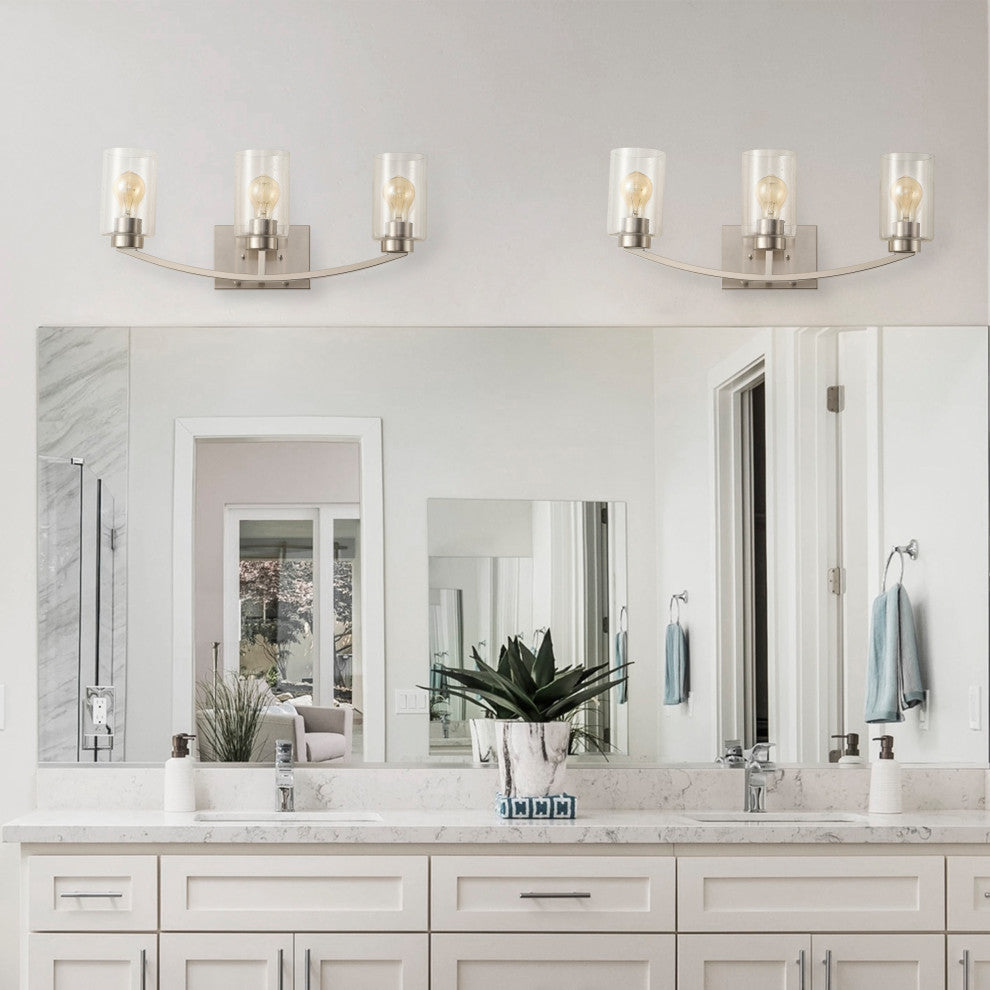 Brushed Nickel 3-Light Bathroom Vanity Light With Glass Shade