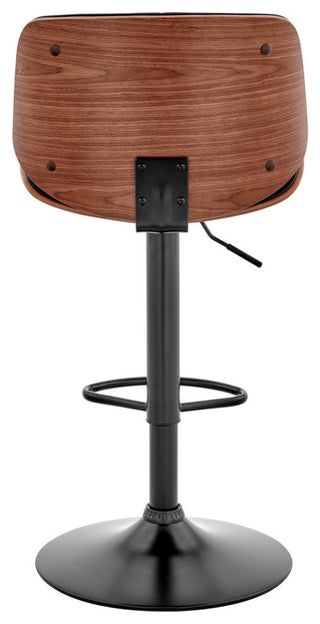 Brock Adjustable Black Faux Leather and Walnut Wood Bar Stool With Black Base