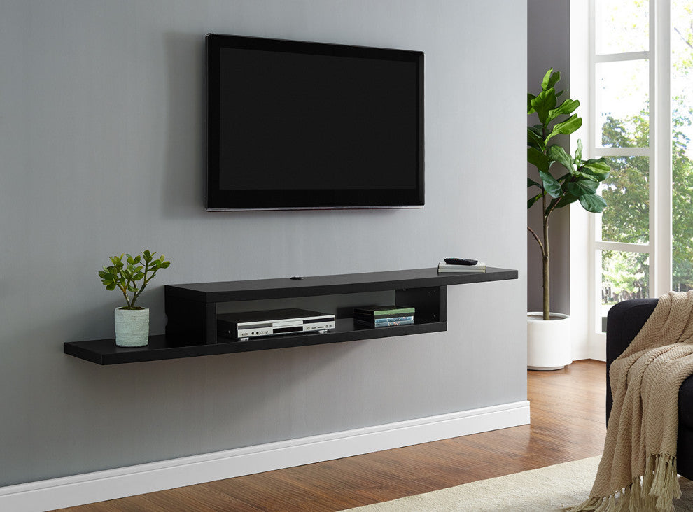 Asymmetrical Wall Mounted TV Console Wood Entertainment Center 72-inch , Black