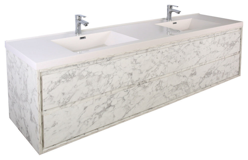 MOM 84 Wall Mounted Vanity With 4 Drawers and Acrylic Double Sink, Marble