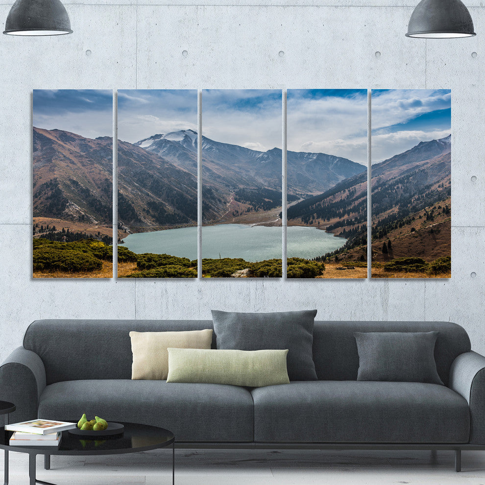 Mountain Lake under Blue Sky, Landscape Canvas Art Print, 60"x28", 5 Panels