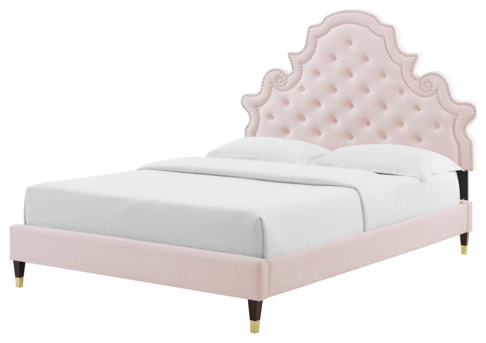 Tufted Platform Bed Frame, Full Size, Velvet, Pink, Modern Contemporary, Bedroom