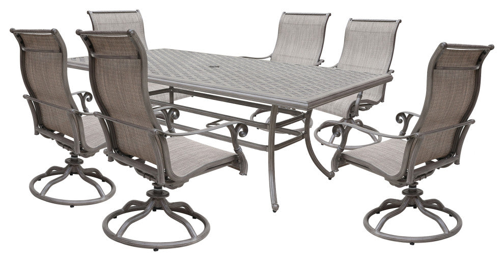 7-Piece Rectangle Dining Set With 6 Sling Swivel Chairs, Heritage Grey