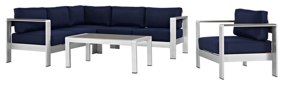 Modway Shore 5 Piece Outdoor Patio Aluminum Sectional Sofa Set, Silver Navy